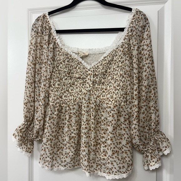 BiBi Tops - BiBi Cream and Brown Floral Blouse with Lace Accents
